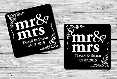 £4.95 • Buy Pair Set Of 2 Personalised Mr & Mrs Wedding Day Drink Coasters Gift Set Present