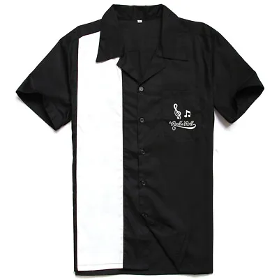 Men Shirt Rock N Roll Embroidered Rockabilly Bowling Short Sleeve Casual Shirts • £18.67