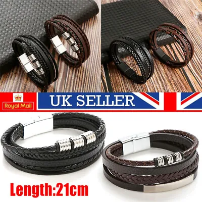 Mens Leather Bracelet Wrap Handmade Braided Surfer Wristband Clasp Xmas Gift • £4.89
