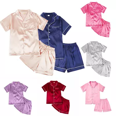 Kids Boys Girls Satin Silk Pyjamas Set Short Sleeve Button Tops Short Outfit Set • $28.48