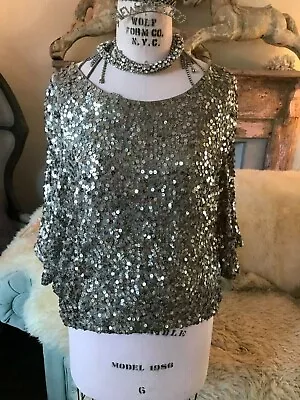 Vince Pewter Silver Gold Sequin Embellished Batwing Blouse Small S XS  • $17