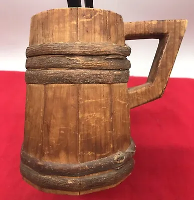 Vintage Wooden Barrel Cup With Twine Straps Primitive Carved Beer Mug Handle • $15