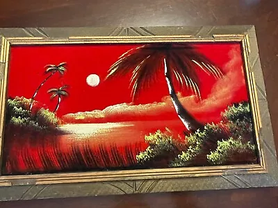 Red Velvet Painting Mexico Beach Sunset Frame Wood Vtg Fabric • $45