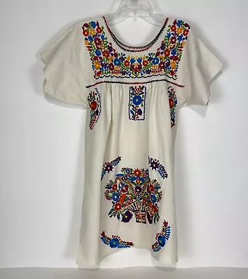 Vintage Mexican Dress Women's Med Handmade Ivory Floral Embroidered Boho Oaxacan • $24.94