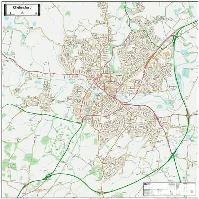  WALL MAP OF CHELMSFORD. CHELMSFORD STREET MAP - Street Map LAMINATED EDITION • £55