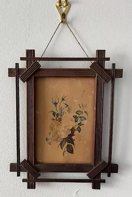 Antique Tramp Art Wood Frame  1870's Flowers Painting • $39