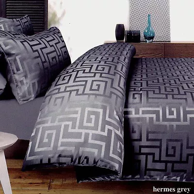 $49.89 • Buy GREEK KEY Double Queen Super King Quilt Cover Set Charcoal Grey Doona Duvet Set