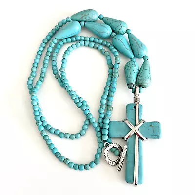 Vintage Howlite Beaded Large Cross Silver Tone Long Chunky Necklace 36  • $29.99