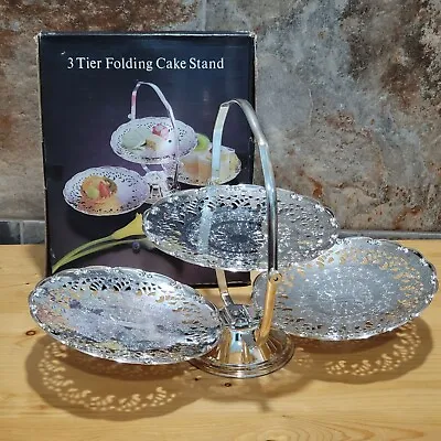 Vintage 3 Tier Silver Plated Folding Cake Stand • $39.95