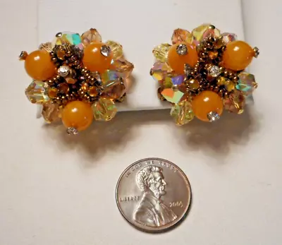 1960s Vendome Ornate Faceted Crystal & Orange Glass Bead Cluster Clip Earrings • $14.99