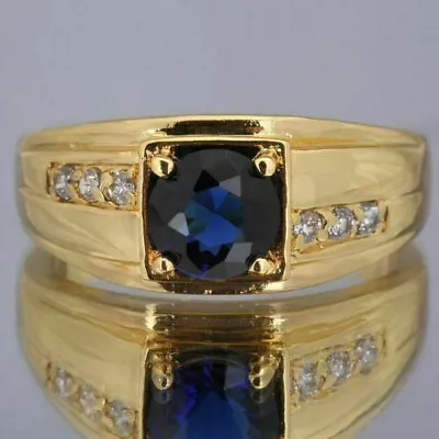 3Ct Round Cut Lab Created Blue Sapphire Men's Wedding Ring 14K Yellow Gold Over • $96