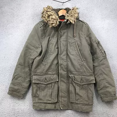 American Eagle Jacket Small Green Full Zip Parka Quilted Faux Fur Hoodie 39449 • $12