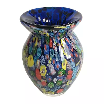 Millefiori Cobalt Blue Art Glass Bouquet Vase 7in Tall Heavy! • $79.98