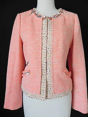 McGinn Semi-Crop Blazer/Jacket Jeweled Trim Tweed Slim Cut Coral Size 6 • $159.99