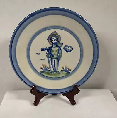 M A Hadley Pottery FARMER Plate Salad Dessert Signed Folk Art Blue White 7 5/8” • $16