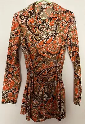 Vintage 70s M&S Orange Psychedelic Collared Long Sleeve Belted Tunic Blouse 14 • £24.99