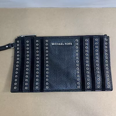 Michael Kors Large Wristlet Clutch Leather Pebbled Black Leather 10  • $69.95