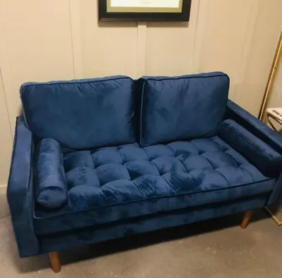 New Vintage Style Velvet Blue Sofa Mid Century Modern Couch Button Tufted • $449