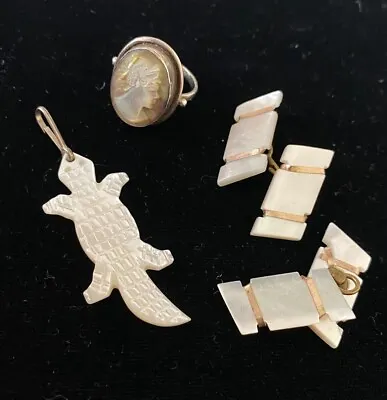 Vintage MOTHER Of PEARL Collection CAMEO RING ALLIGATOR Pendant & CUFF LINKS  • $40