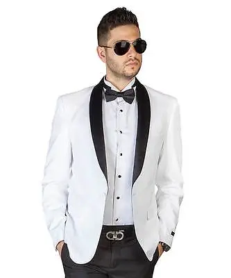 Slim Fit 1 Button White With Black Shawl Lapel Collar Tuxedo Jacket  Dinner AZAR • $59.99