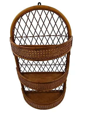 VTG Natural Rattan Wicker Wall Shelf Bathroom Storage Cottage Core Shabby Chic • $79.99