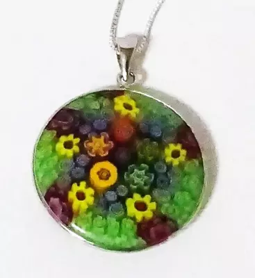 Italian Millefiori Murano Venetian Art Glass Pendant Sterling Silver NECKLACE • $38.50