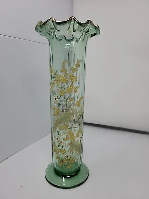 Legras Enameled Wild Flower Green Optic Molded Ruffled Vase 12 Inch • $250