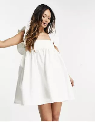 £15 • Buy BNWOT ASOS DESIGN White Babydoll Denim Frill Sleeves Dress Size 10 Rrp £35