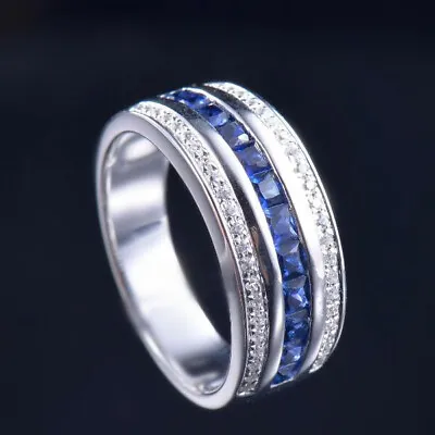 Natural Diamond Blue Sapphire Engagement Men Band Ring Solid 14K White Gold • $850