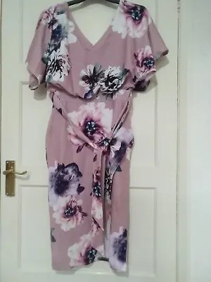 QUIZ Mauve Floral V Neck Batwing Midi Occasion Dress Pink Size 8 BNWT • £12.95