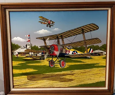 H Hargrove B9 Bi Tri Plane 20 X 24 Framed Serigraph Canvas Vintage Airplane Art • $225