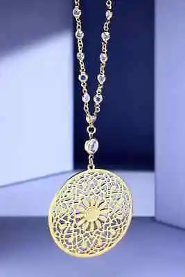 Long Flower Gold-Tone Medallion 31  Necklace With Crystals • $19.99