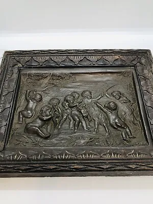 Antique Bronze Plaque 18th Century Cherubs Play With Ram Framed In Early Oak • $360.03