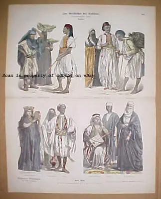 EGYPT Historic Costumes Arab Dress Bedoin Muslim Original 1880s Stone Lithograph • £7.67