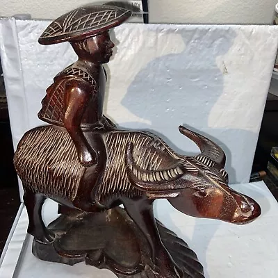 Vintage Hand Carved Wood Water Buffalo & Rider Figurine. 12” Tall • $29