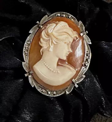 Vintage Victorian Hand Carved Shell & Marcasite Cameo Brooch Pin/Pendant Reduced • $32