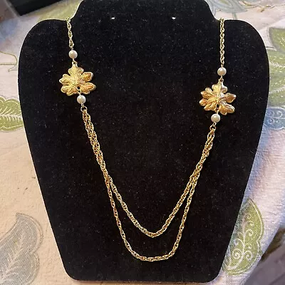 $16.77 • Buy Vtg Avon Gold Tone Double Strand Rope Chain  Autumn Leaves Necklace W Box