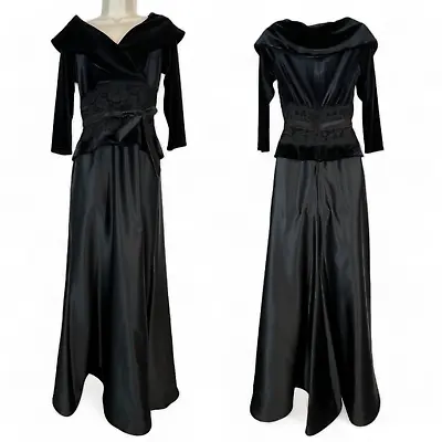 Tadashi Evening Gown Dress Small Black Tie Ball Velvet V-Neck Maxi Formal Lace • $45.99
