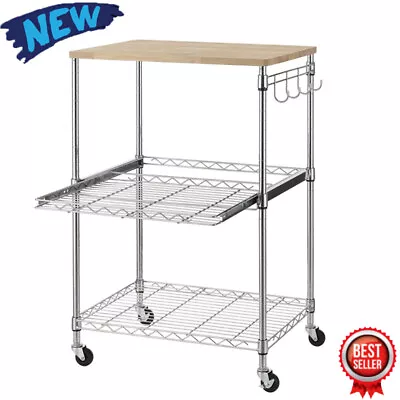 3 Tier Rolling Microwave Kitchen Service Cart Drawer Slider Hooks Sturdy Chrome • $79.09