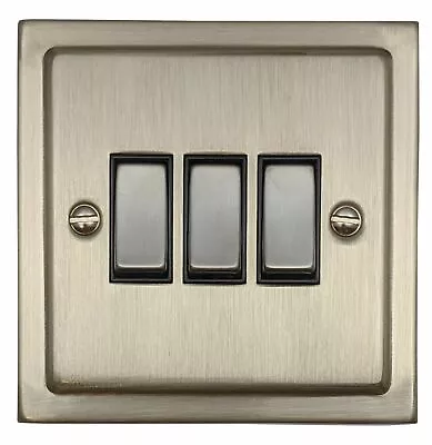 G&H TSN303 Trimline Plate Satin Nickel 3 Gang 1 Or 2 Way Rocker Light Switch • £21.25