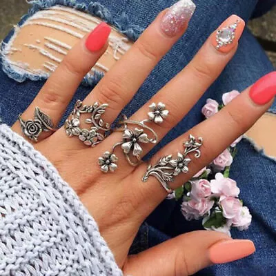 4pcs Antique Silver Bohemia Ring Set Rose Flower Rings For Women Charm Ring FT • £2.84