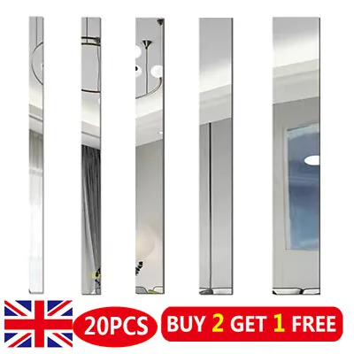 20pcs 5 Sizes Long Strip Mirror Acrylic Wall Stickers Self-adhesive Tile UK NEW • £4.74