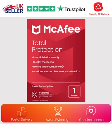 £9.99 • Buy McAfee Total Protection Antivirus 2023 - 1 Device 1 Year - Delivery By Post