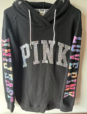 Victoria’s Secret Pink Black Rainbow Ombre Watercolor Bling Hoodie M • $89