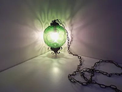 Vintage GREEN Glass Ceiling Hanging Swag Lamp Antique Retro Globe Single Light • $249.99