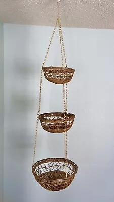 Vintage Wicker Rattan Hanging Three 3 Tier Basket Boho Plant Fruit Accessories • $44.95