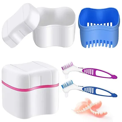 2 Denture Bath Cases Cups W/ 2 Denture Cleaner Brushes For Mouth Guard Pacifiers • $12.99