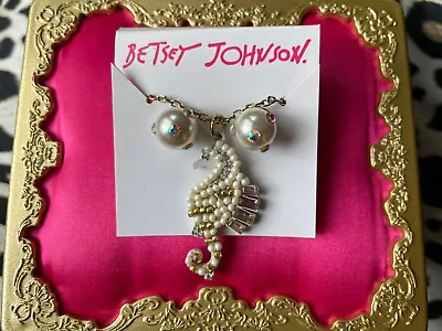 Betsey Johnson Surfmaid Pearl Crystal AB Studded Seahorse Earrings Necklace Set • $38.99