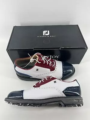 Footjoy Myjoys Premiere Series Tarlow Golf Shoes White Red Blue 10.5 M Patent • $229.99