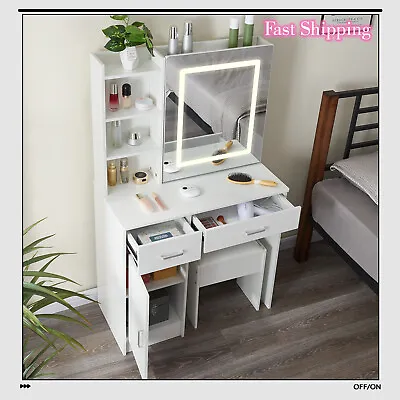 2 Drawers Dressing Table Vanity Set With Touch-control Mirror For Bedroom Makeup • £144.75